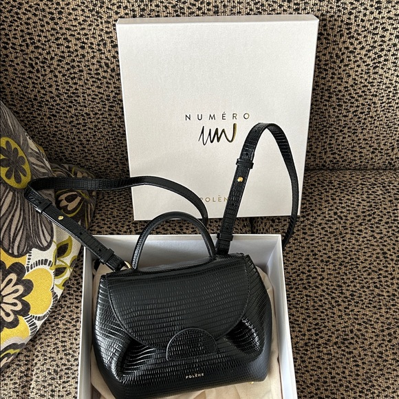 Polene Numéro Un Nano Crocodile Textured Black Leather Crossbody Bag - Picture 2 of 9